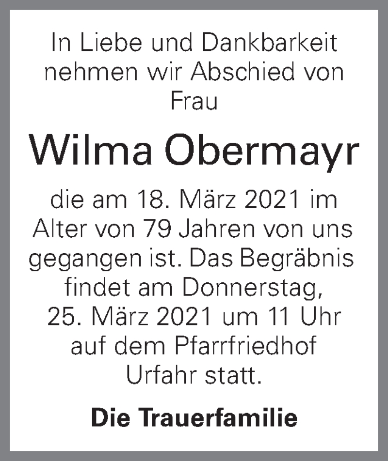  Traueranzeige für Wilma Obermayr vom 24.03.2021 aus OÖNachrichten
