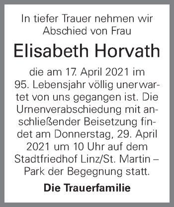 Traueranzeige von Elisabeth Horvath von OÖNachrichten
