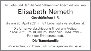 Traueranzeige von Elisabeth Nemeth von OÖNachrichten