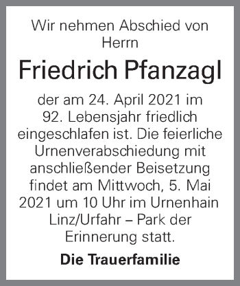 Traueranzeige von Friedrich Pfanzagl von OÖNachrichten