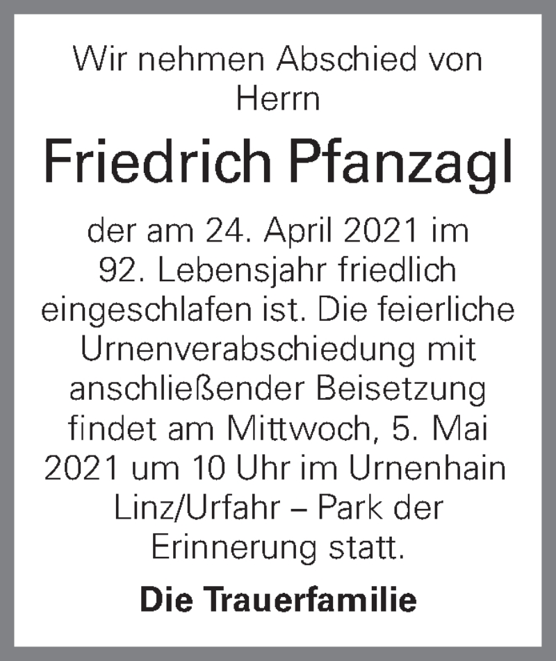 Traueranzeige für Friedrich Pfanzagl vom 30.04.2021 aus OÖNachrichten