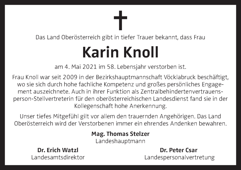  Traueranzeige für Karin Knoll vom 07.05.2021 aus OÖNachrichten
