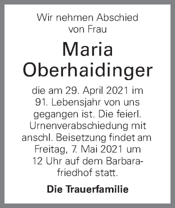 Traueranzeige von Maria Oberhaidinger von OÖNachrichten