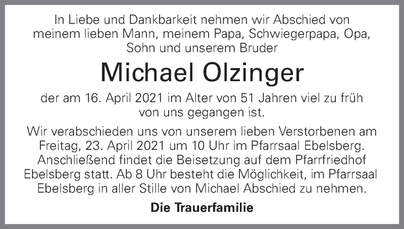  Traueranzeige für Michael Olzinger vom 21.04.2021 aus OÖNachrichten