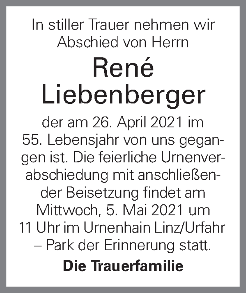  Traueranzeige für René Liebenberger vom 30.04.2021 aus OÖNachrichten