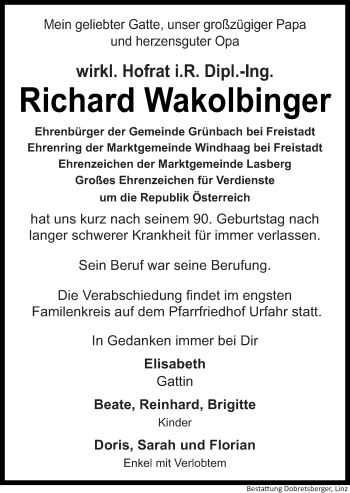 Traueranzeige von Richard Wakolbinger von OÖNachrichten