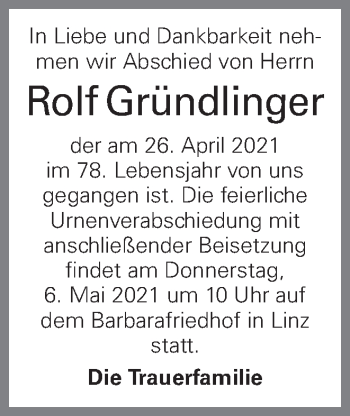 Traueranzeige von Rolf Gründlinger von OÖNachrichten