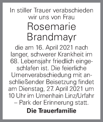 Traueranzeige von Rosemarie Brandmayr von OÖNachrichten
