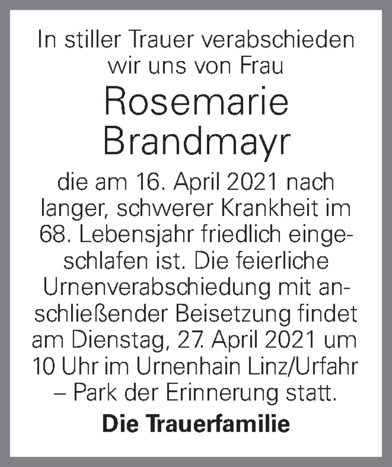  Traueranzeige für Rosemarie Brandmayr vom 23.04.2021 aus OÖNachrichten