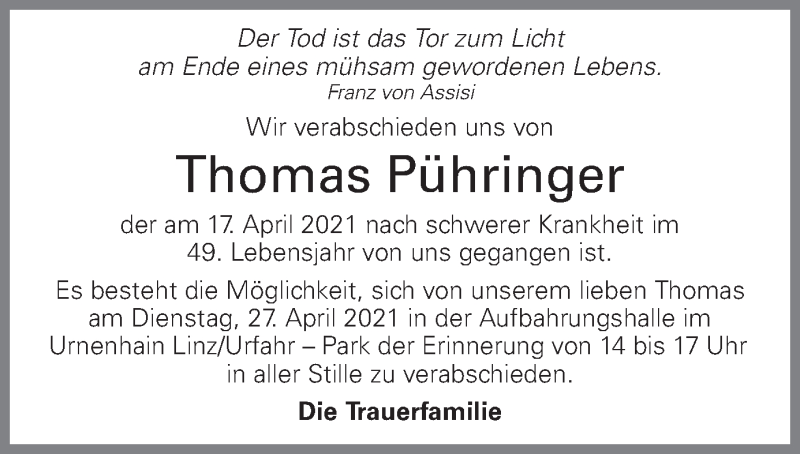  Traueranzeige für Thomas Pühringer vom 23.04.2021 aus OÖNachrichten