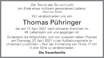 Traueranzeige von Thomas Pühringer von OÖNachrichten