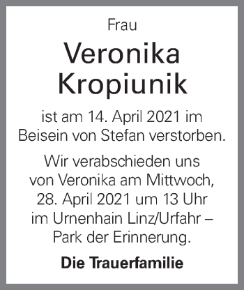 Traueranzeige von Veronika Kropiunik von OÖNachrichten