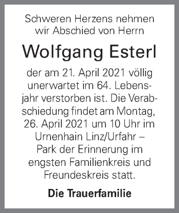 Traueranzeige von Wolfgang Esterl von OÖNachrichten
