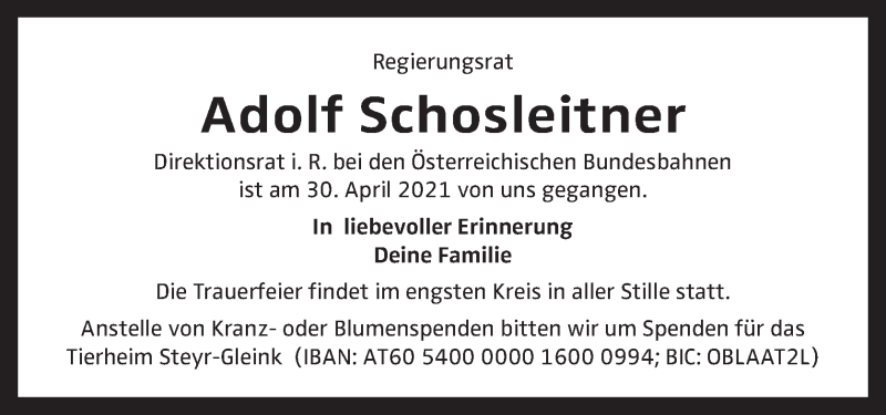  Traueranzeige für Adolf Schosleitner vom 08.05.2021 aus OÖNachrichten