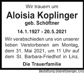 Traueranzeige von Aloisia Koplinger von OÖNachrichten
