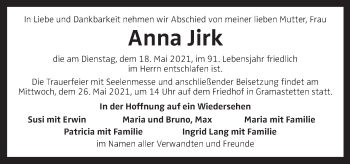 Traueranzeige von Anna Jirk von OÖNachrichten