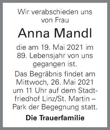 Traueranzeige von Anna Mandl von OÖNachrichten