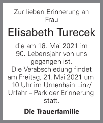 Traueranzeige von Elisabeth Turecek von OÖNachrichten