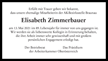 Traueranzeige von Elisabeth Zimmerbauer von OÖNachrichten