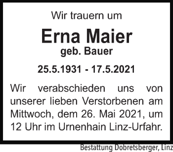 Traueranzeige von Erna Maier von OÖNachrichten