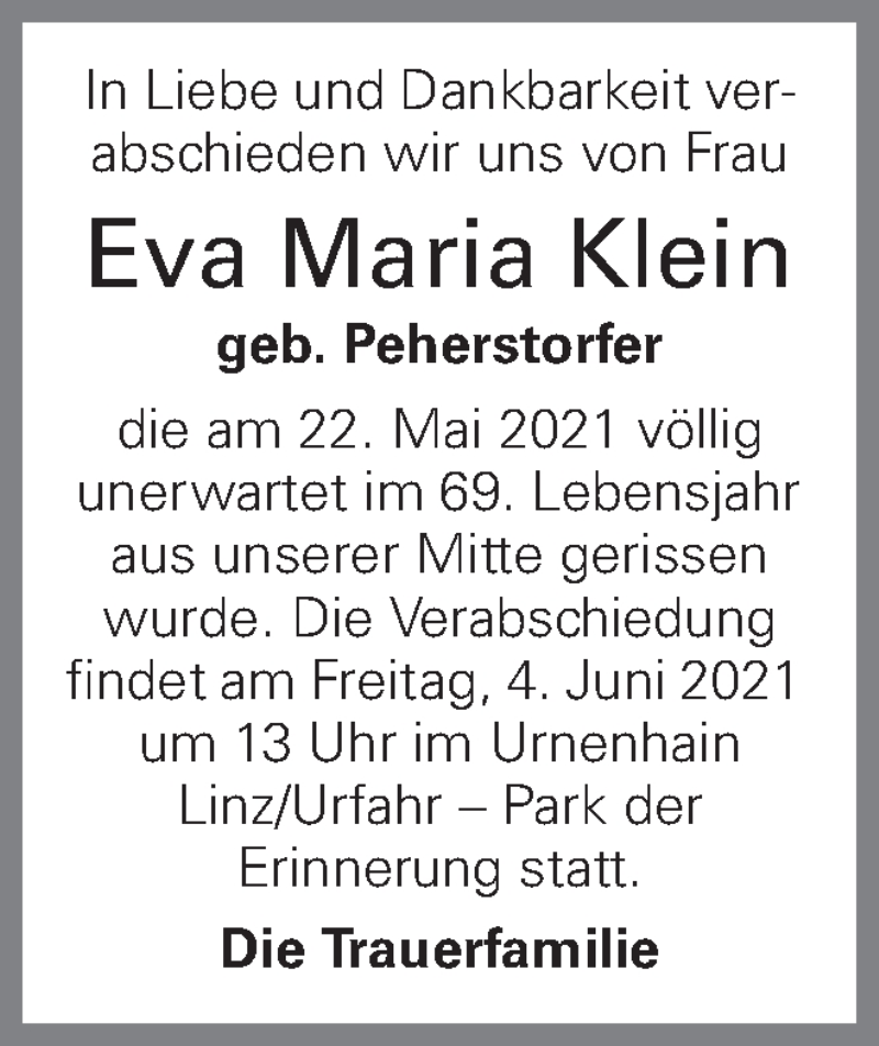  Traueranzeige für Eva Maria Klein vom 31.05.2021 aus OÖNachrichten