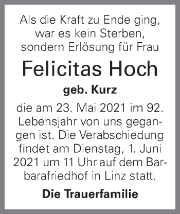 Traueranzeige von Felicitas Hoch von OÖNachrichten