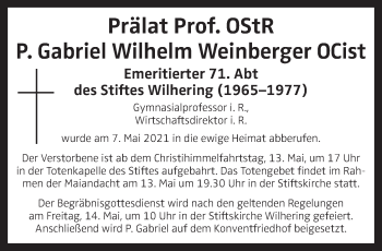 Traueranzeige von Gabriel Wilhelm Weinberger von OÖNachrichten