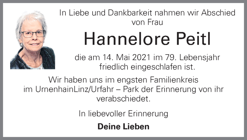  Traueranzeige für Hannelore Peitl vom 22.05.2021 aus OÖNachrichten