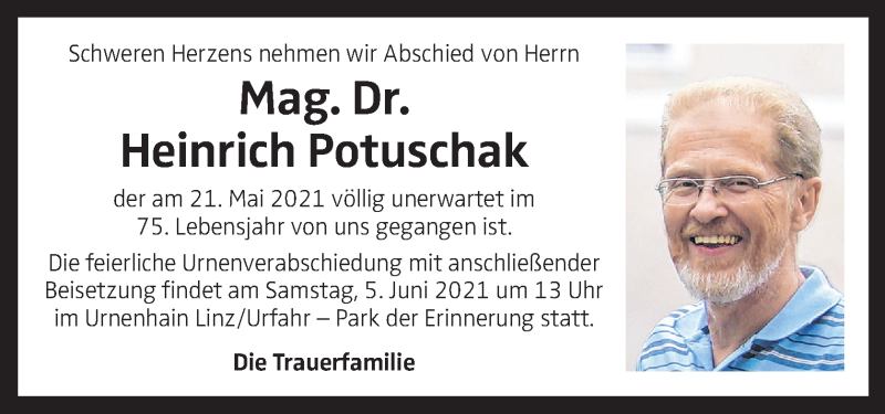  Traueranzeige für Heinrich Potuschak vom 29.05.2021 aus OÖNachrichten