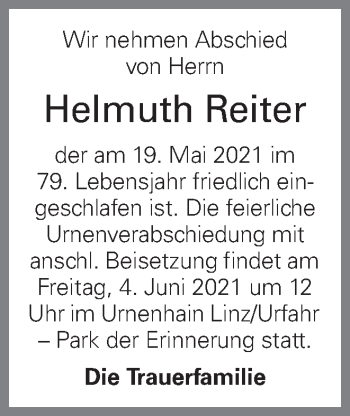 Traueranzeige von Helmuth Reiter von OÖNachrichten