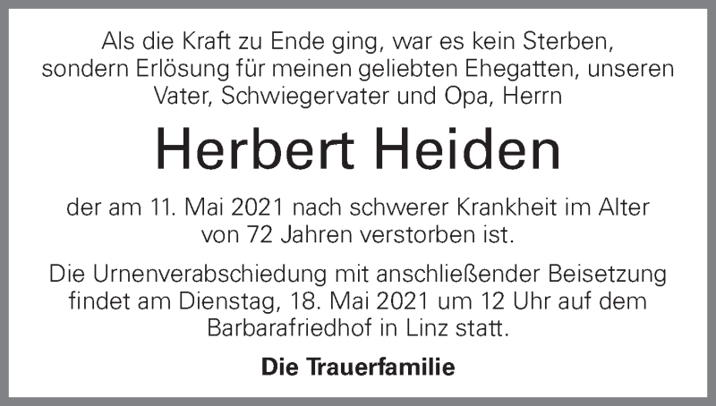  Traueranzeige für Herbert Heiden vom 14.05.2021 aus OÖNachrichten