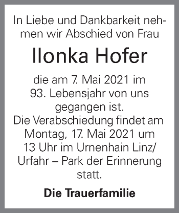 Traueranzeige von Ilonka Hofer von OÖNachrichten