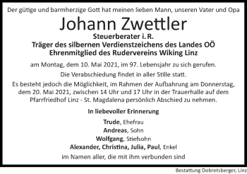 Traueranzeige von Johann Zwettler von OÖNachrichten