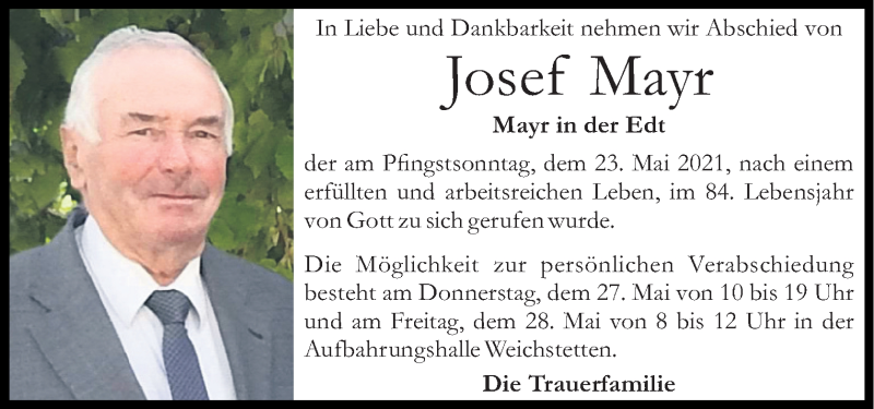  Traueranzeige für Josef Mayr vom 26.05.2021 aus OÖNachrichten