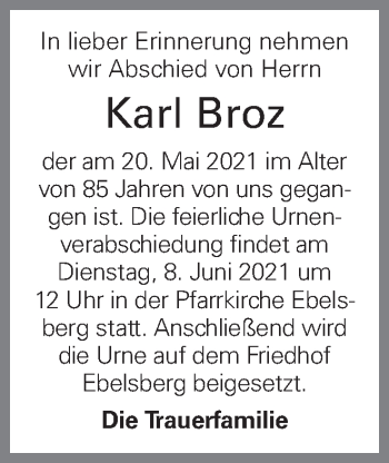 Traueranzeige von Karl Broz von OÖNachrichten