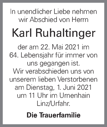 Traueranzeige von Karl Ruhaltinger von OÖNachrichten
