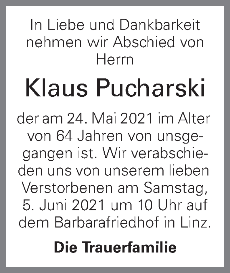  Traueranzeige für Klaus Pucharski vom 28.05.2021 aus OÖNachrichten