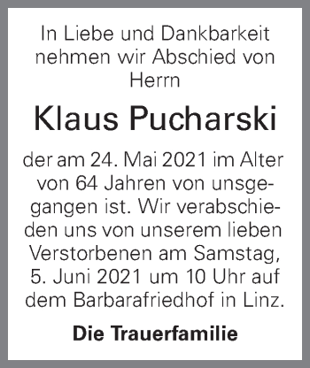 Traueranzeige von Klaus Pucharski von OÖNachrichten