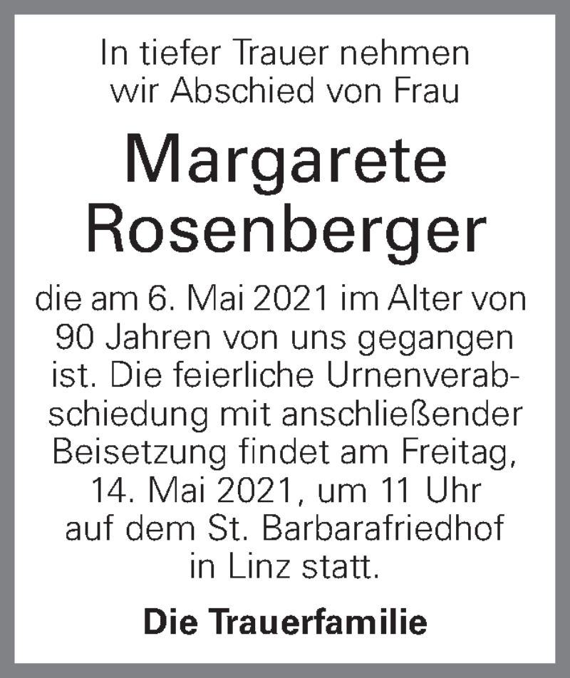  Traueranzeige für Margarete Rosenberger vom 11.05.2021 aus OÖNachrichten