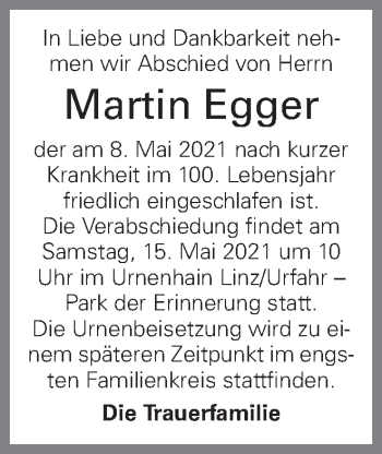 Traueranzeige von Martin Egger von OÖNachrichten