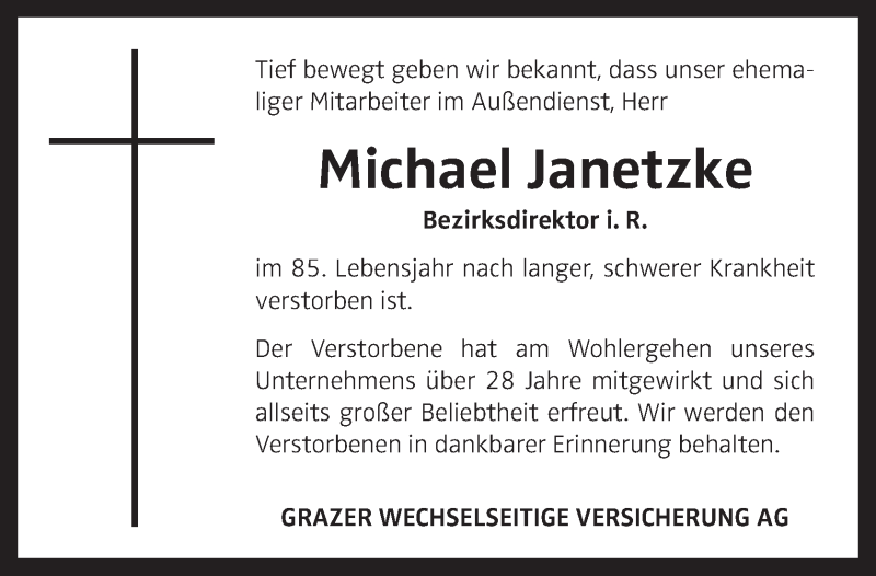  Traueranzeige für Michael Janetzke vom 28.05.2021 aus OÖNachrichten