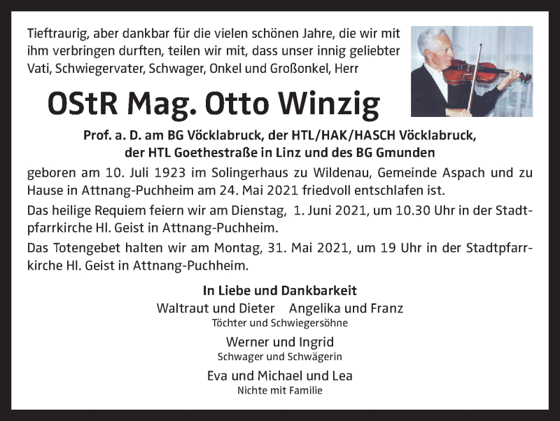  Traueranzeige für Otto Winzig vom 29.05.2021 aus OÖNachrichten