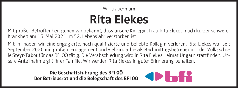  Traueranzeige für Rita Elekes vom 29.05.2021 aus OÖNachrichten