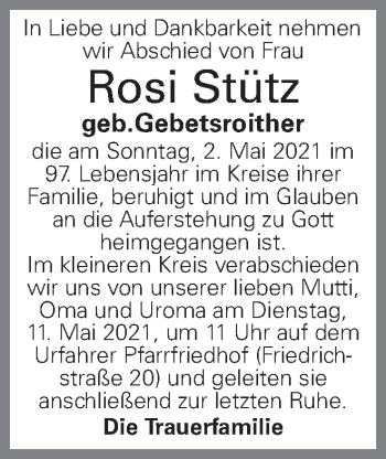 Traueranzeige von Rosi Stütz von OÖNachrichten