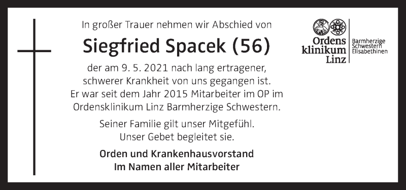  Traueranzeige für Siegfried Spacek vom 14.05.2021 aus OÖNachrichten