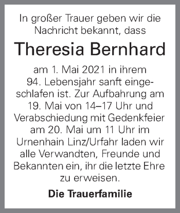Traueranzeige von Theresia Bernhard von OÖNachrichten