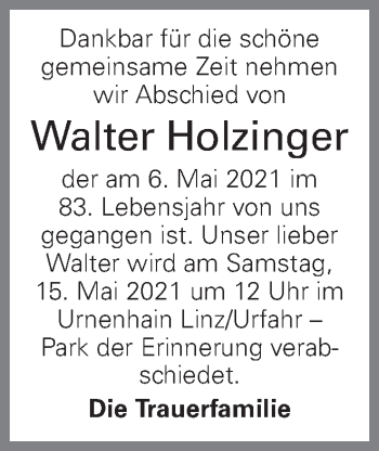 Traueranzeige von Walter Holzinger von OÖNachrichten
