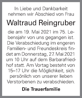 Traueranzeige von Waltraud Reingruber von OÖNachrichten