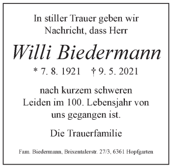 Traueranzeige von Willi Biedermann von OÖNachrichten