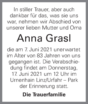 Traueranzeige von Anna Grasl von OÖNachrichten